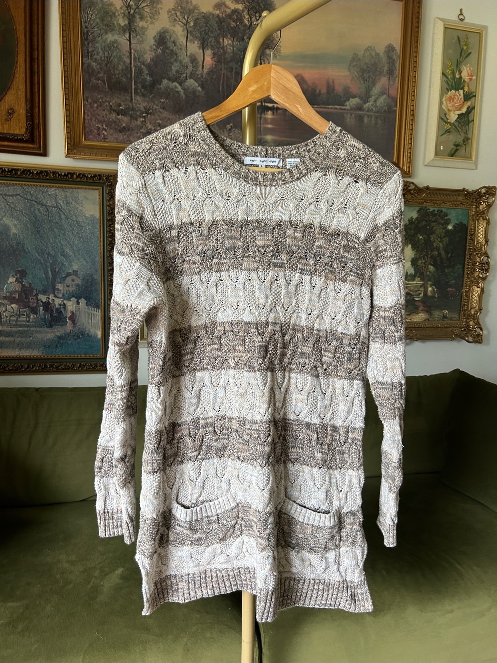 100% Cotton Crewneck Cable Sweater in Cream and Brown